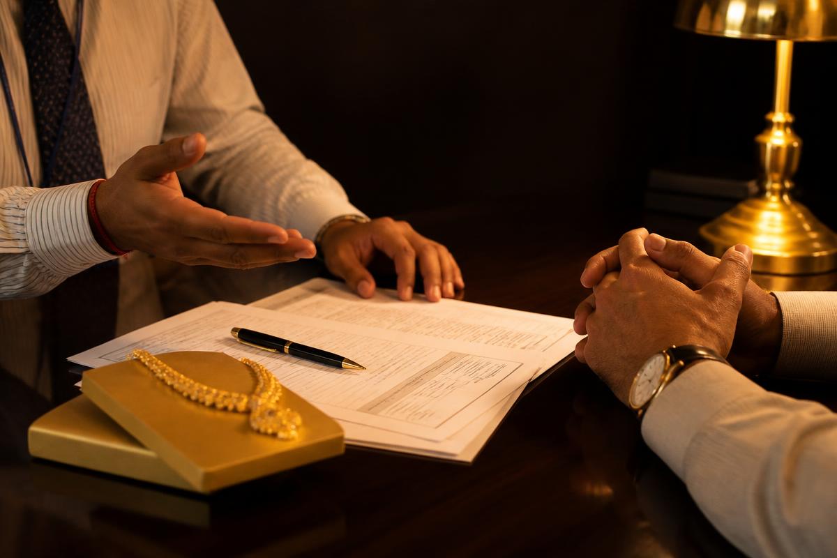 Gold loan paperwork being explained across a counter desk