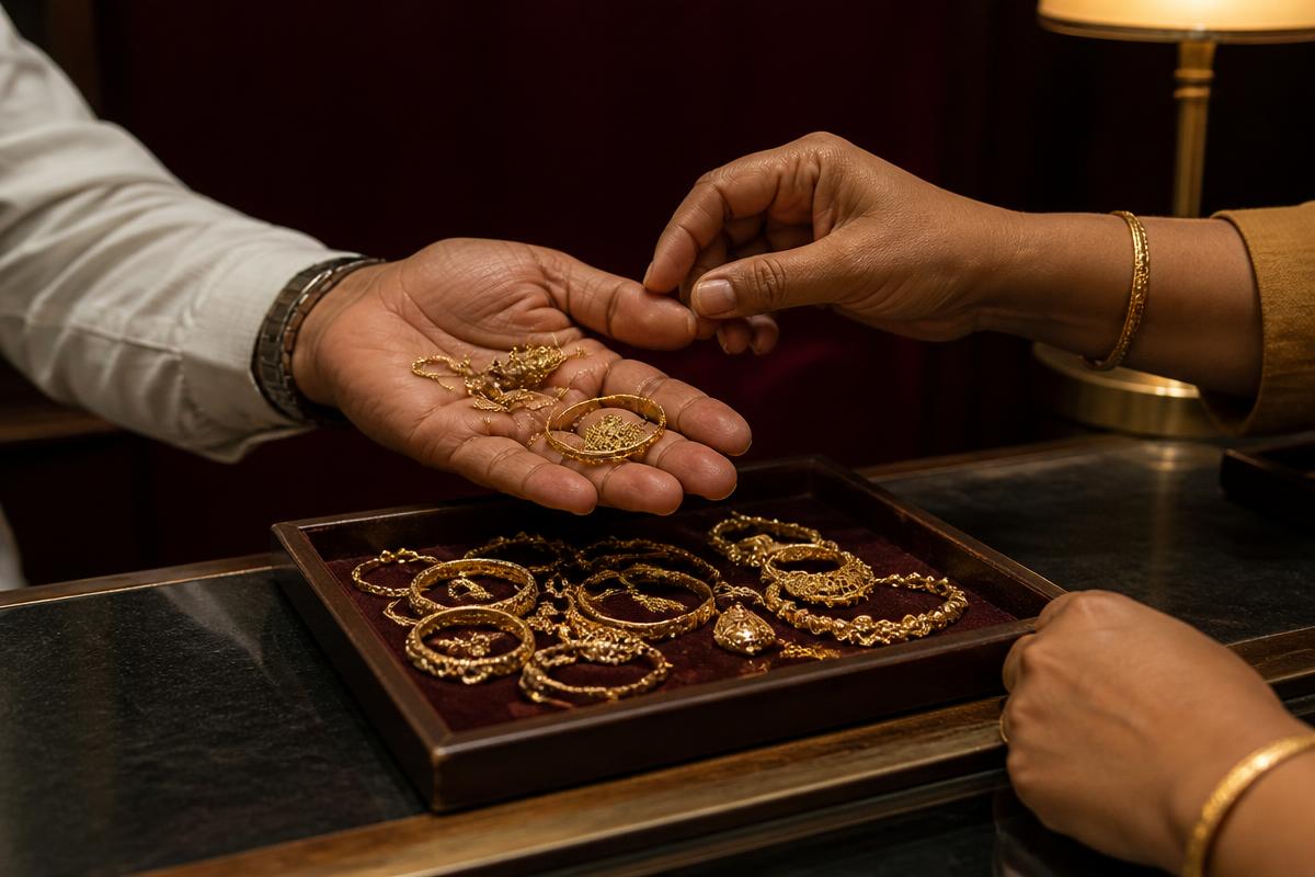 Old gold chains, bangles and broken jewellery pieces being sorted for weighing